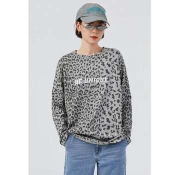 Toyouth Moterų Leopard Atspausdintas T-shirt Juoda ilgomis Rankovėmis Apvalios Kaklo Atspindintis Prarasti Viršų