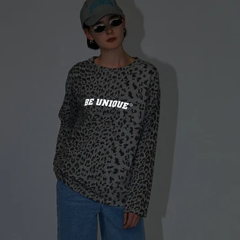 Toyouth Moterų Leopard Atspausdintas T-shirt Juoda ilgomis Rankovėmis Apvalios Kaklo Atspindintis Prarasti Viršų