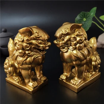 2 Vnt Auksiniai Kinijos Liūtai Statula Skulptūros Gyvūnų Figūrėlės Feng Shui Papuošalai Amatų Sodo Puošmena Statulos Namų