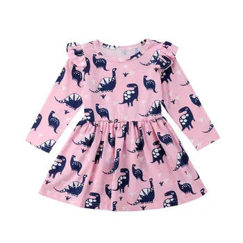 1-6Y Bamblys Vaikams Baby Girl Dress Vasaros Atsitiktinis Medvilnės Dinozaurų Long Sleeve Pink Pynimas Princesė Šalis Suknelė Kūdikių Drabužiai Apranga