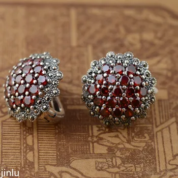 KJJEAXCMY fine jewelry S925 gryno sidabro apdaila raudonas cirkonis akmuo ausies mygtuką archaize stiliaus moterų stilius