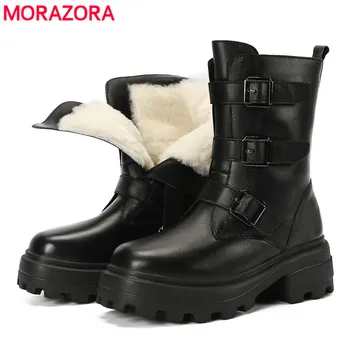 MORAZORA Visiškai natūralios odos motociklo batai zip sagtis platformos batai pobūdžio vilnos, šiltos žiemos sniego batai moterų avalynė