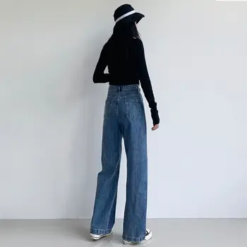 DŽINSAI Moterims 2020 Naujas Pločio Kojų Džinsai Moterims, Elegantiškas Visas Ilgis Mėlynos spalvos Ilgos Kelnės korėjos Streetwear Kišenės Džinsinio audinio Kelnės