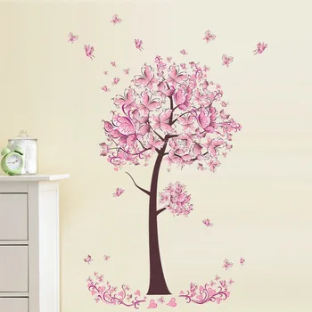 ZOOYOO Rožinis drugelis, gėlė Medis Sienų Lipdukai Lipdukai, vaikų kambarys mergaičių miegamasis freskos vinilo namų kambarį Dekoro nuimamas