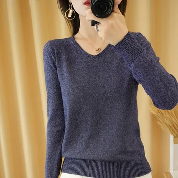 Rudenį naujas V-kaklo ryškios šilko ilgomis rankovėmis megztinis moterų trumpas megztinis megztinis Plonas dugno marškinėliai