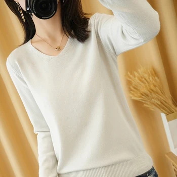 Rudenį naujas V-kaklo ryškios šilko ilgomis rankovėmis megztinis moterų trumpas megztinis megztinis Plonas dugno marškinėliai