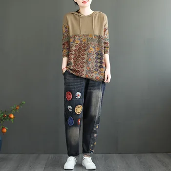 Naujas Kinų Dizaineris Žiemos Moterų Ponios Megztinis su Gobtuvu Puloveriai Spausdinti Megzti Kalėdų Viršūnes Vintage Drabužiai Plius Dydis