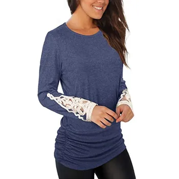 Europos ir Amerikos naujas mados apsidraudimo apvalios kaklo plisuotos nėrinių susiuvimo ilgomis rankovėmis T-shirt moterims, Kietas Atsitiktinis Megzti