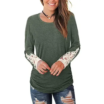 Europos ir Amerikos naujas mados apsidraudimo apvalios kaklo plisuotos nėrinių susiuvimo ilgomis rankovėmis T-shirt moterims, Kietas Atsitiktinis Megzti