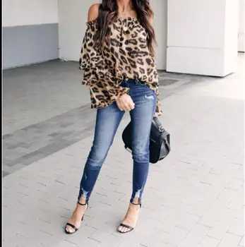 2019 Naujas Mados Moterų Sexy Velniop Kaklo, Pečių ilgomis Rankovėmis Leopardas Spausdinti Casule Palaidinukės