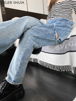 SHIJIA Mados Y2k Ripped Jeans Woman Aukšto Juosmens Skylę Palaidi Tiesūs Ilgi Denim Džinsai Mama Streetwear Prašmatnus korėjos Moterų Kelnės