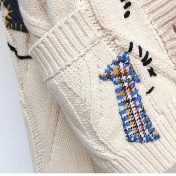 Megztinis Moterims Rudens Žiemos Outwear Tingus Megztinis Siuvinėjimo ilgomis Rankovėmis V-kaklo, Vieną-breasted Šiltas Mados Prarasti Lady Kailis