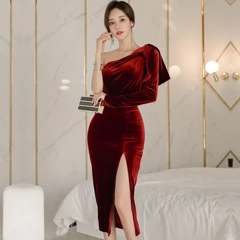 Raudonos Aksomo Elegantiškas Šalis Suknelė 