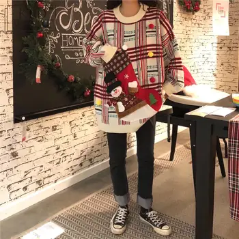 Korėjos Žiemos Bjaurusis Kalėdų Megztiniai Megztinis Moterims, Megztinis, Negabaritinių Megzti Mėgėjams Raudonas Megztinis ilgomis Rankovėmis O-kaklo Sniego Viršūnes