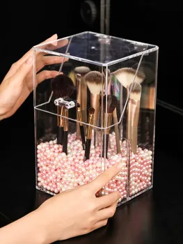 Akrilo Aišku, Makiažo Šepetėlių Laikymo dėžutė su dangčiu Plastiko Makiažas organizatorius Kosmetikos įrankių Laikiklis Perlų Ir Lauke