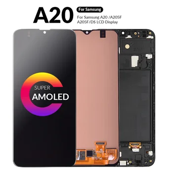 AMOLED A20 LCD Ekranas Samsung Galaxy A20 A205 SM-A205F/DS A205FN LCD Jutiklinis Ekranas skaitmeninis keitiklis Asamblėjos LCD Su karkasu