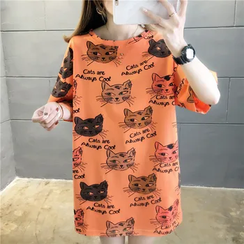 T-marškinėliai Moterims Vasaros trumpomis Rankovėmis Animaciją Kačių Spausdinti Tshirts Moterų korėjos Stiliaus Negabaritinių Prarasti Harajuku Streetwear Viršūnės