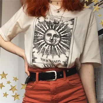 Vasaros Moterų Mados Atsitiktinis Marškinėlius Sun Moon Spausdinti Laisvi O-kaklo trumpomis Rankovėmis Tees Medvilnės Visų Rungtynių T-shirt XZ761