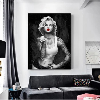 Juoda Balta Marilyn Monroe Portreto Menas Drobė, Tapyba, Plakatas ir Spausdina Hip-Hop Tatuiruotės Mergina Sienos paveiksl Kambaryje Namų Dekoro