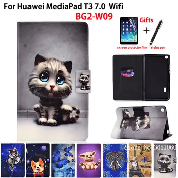 Cute Kačių Atveju, Huawei MediaPad T3 7.0 BG2-W09 Padengti Funda Silikono PU Odos Stovėti Odos Shell Garbė Žaisti Mygtukai 2 7.0 +Dovana