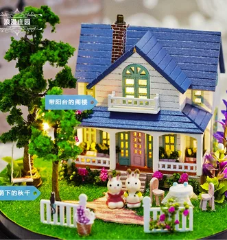 Surinkti PASIDARYK pats Medinis Namas Žaislas Medinis Lėlių Namas Miniatiūriniai Lėlių, žaislų, Su Baldais LED Žibintai Gimtadienio dovanos