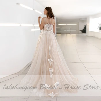 Lakshmigown Klasikinis Šampanas Vestuvių Suknelė Su V-Kaklo, Nėriniai Appliques Princesė Tiulio Ilgai Nuotakos Suknelė 2021 Gavimo Vestuvių Suknelės