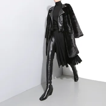 Cakucool moterų 2019 m. pavasario ir vasaros naujų juoda paprasta kolonėlė metalo sagtis elegantiškas šifono pusė ilgio klostuotas sijonas