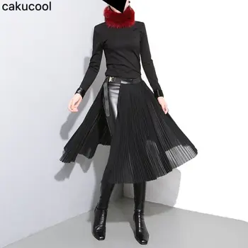 Cakucool moterų 2019 m. pavasario ir vasaros naujų juoda paprasta kolonėlė metalo sagtis elegantiškas šifono pusė ilgio klostuotas sijonas