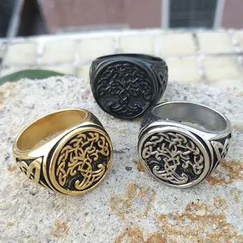 Viking Gyvybės Medžio Žiedai Yggdrasil Celtics Knotwork Aukso Žiedas Vyrams iš Nerūdijančio Plieno Skandinavų Amuletas Žiedas Juvelyriniai dirbiniai