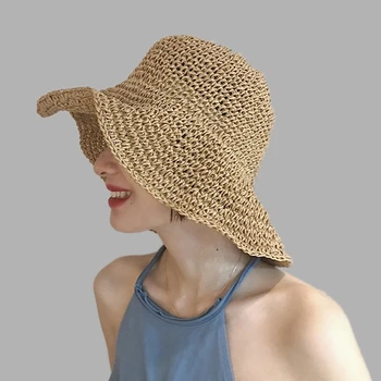 Paprasta Mergina Rafija Saulės Skrybėlę Platus Kraštų Floppy Vasaros Skrybėlės Moterų Paplūdimio Panama Šiaudų Dome Kibiro Kepurę Femme Atspalvį Skrybėlę