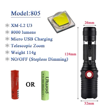 Litwod Z201282 50000 liumenų Lempa XHP70.2 Galingas žibintuvėlis Micro USB Priartinimas led žibintuvėlis XM-L2 U3 18650 arba 26650 baterija Kempingas