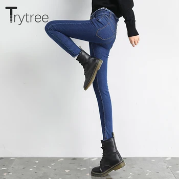 Trytree 2020 AW Demin Kelnės Atsitiktinis Moterų Džinsai Vintage Liesas Labai Elastinga Pieštuku Kelnes Streetwear Mygtuką Skristi Aukšto Juosmens Džinsai