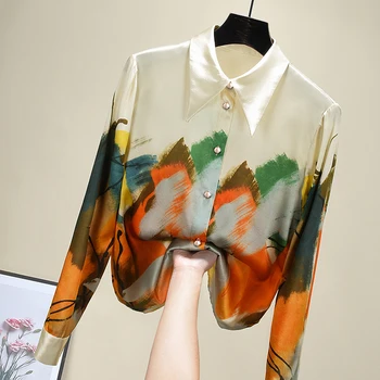 Marškinėliai Moterims, 2021 M. Pavasarį Naują Atvykimo Tapyba Spausdinti Šifono Palaidinė Ilgomis Rankovėmis Elegantiškas Modis Viršūnės