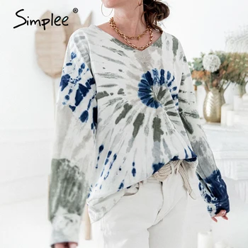 Simplee prašmatnus V-kaklo ponios marškinėlius Spalvinga spausdinti megzti moterys streetwear Pagrindinio ilgomis rankovėmis rudenį 2020 moterų megztinis
