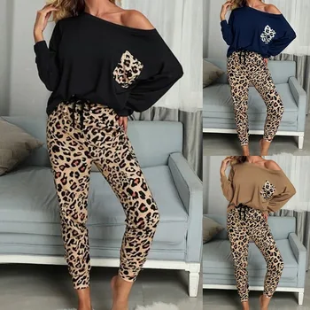 2020 Leopard Homewear Tinka Moterims Rudenį Atsitiktinis T Shirts Raišteliu Sweatpants Ištaigingas Dėvėti Mados Pajama Komplektai Elastinga Sleepwear