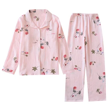 Japonų stiliaus ponios pavasarį, rudenį ir vasarą medvilnės krepinio audinio, ilgomis rankovėmis kelnės pižama nustatyti animacinių filmų namų paslauga moteris