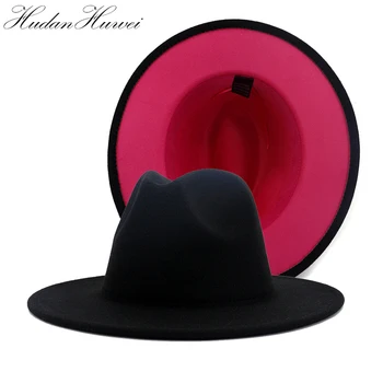 Rose Red Kratinys Black Hat Platus Kraštų Vilnonis Veltinis Fedora Negabaritinių Skrybėlę Pavasarį, Vasarą, Rudenį, Žiemą, Skrybėlės Moterims, Elegantiškas