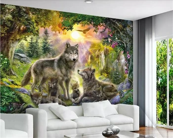Beibehang tapetai Saulėtas miškas pilkas vilkas gyvūnų kraštovaizdžio vaikų kambario tapetai tėtis peint freskos 3d 3d tapetai ant sienos