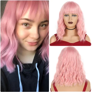 Natūralūs banguoti trumpas rožinis bob perukai su tvarkingas kirpčiukai moterų sintetinių atsparus karščiui ombre moterų perukas šviesūs/juodi