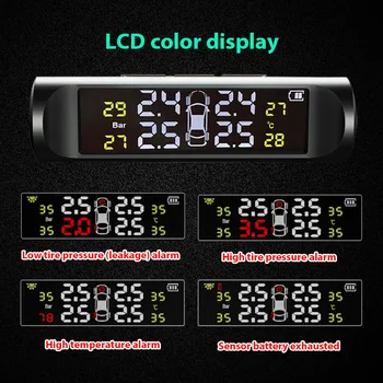 Automobilių TPMS Padangų Slėgio stebėjimo Sistemos, Signalizacijos USB Saulės Įkrovimo HD Skaitmeninis LCD Ekranas Auto Signalizacijos priemonė Belaidžio 4 Jutiklis