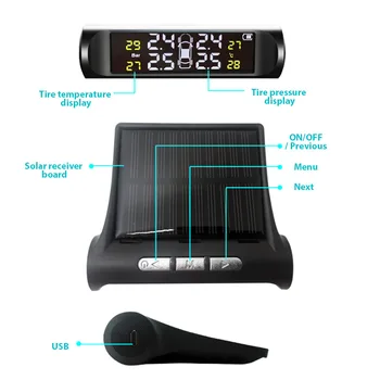 Automobilių TPMS Padangų Slėgio stebėjimo Sistemos, Signalizacijos USB Saulės Įkrovimo HD Skaitmeninis LCD Ekranas Auto Signalizacijos priemonė Belaidžio 4 Jutiklis