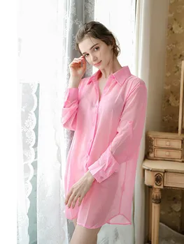 Plus Size 5XL Palaidinė Marškinėliai Pink Seksualus Vien Moterys Prarasti Ilgai Viršūnes Šifono Palaidinės Boyfriend Stiliaus naktiniai drabužiai Lady Vasaros Drabužių
