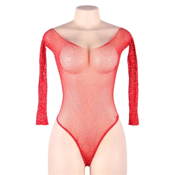 Nuo Peties bodysuit ilgomis Rankovėmis žvejybos tinklas kalnų krištolas Bodysuit Skaidrus Femme Bodycon Jumpsuit Juoda Raudona RW80877