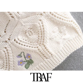 TRAF Moterų Mados Gėlių Siuvinėjimas Apkarpytos Megzti Megztinis Džemperis 