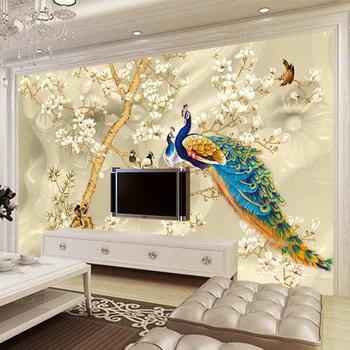 Custom Sienų Tapetai, 3D Stereo Magnolia Gėlių Povas Sienų Tapybos Gyvenamasis Kambarys su Sofa-lova, TV Foną, Sienos Dokumentai Sienos 3 D