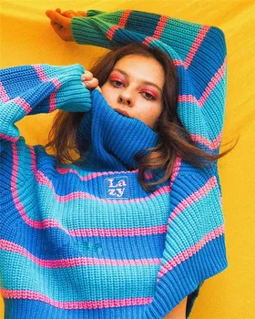 Džemperis Moterims 2020 Spalvos Dryžuotas Megztinis Megztinis su Išsiuvinėtu Laišką Tingus Golfo Negabaritinių Megztiniai (Puloveriai Traukti Femme