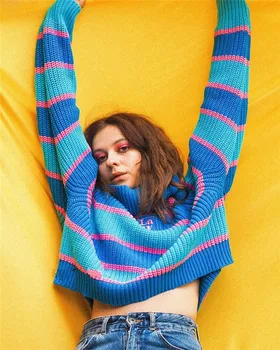Džemperis Moterims 2020 Spalvos Dryžuotas Megztinis Megztinis su Išsiuvinėtu Laišką Tingus Golfo Negabaritinių Megztiniai (Puloveriai Traukti Femme