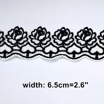 2Yards 6.5 cm Pločio Baltos spalvos Gėlių, Juoda Krašto Nėrinių Juostelės Juosta, Nėrinių Apdaila 