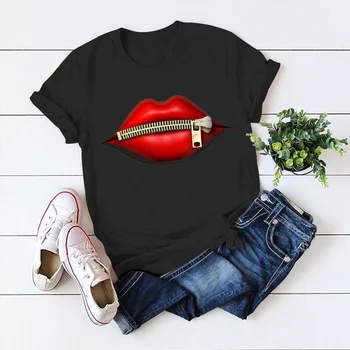 Mados Moterų Atsitiktinis Blizgančiais Raudona Lūpų, T-Marškinėliai trumpomis Rankovėmis Viršūnes T-Shirts Derliaus Kūrybiškumą užtrauktukas Lūpų T-Shirt Lašas laivybos