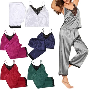 Ponios Nėriniai Susiuvimo Kilpos Viršuje Kelnės Dviejų dalių Rinkinys Moterims Pižama Nustatyti Modeliavimo Šilko Sleepwear